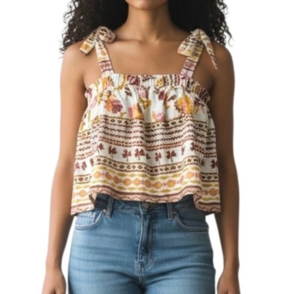 Good Luck Gem Boho Leaf print Rayon Linen Tie Strap Tank Top L YCG10010SET NWT
